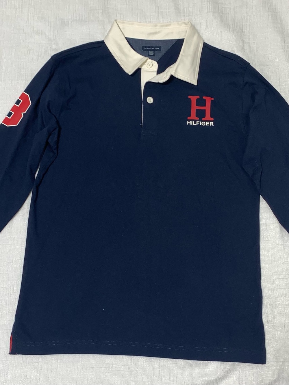 Tommy Hilfiger Navy Long-Sleeve Rugby Polo with White Collar and Red Accents